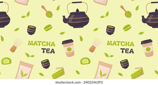 Matcha tea seamless pattern. Tea matcha powder, teapot, tea leaves, whisk, spoon, traditional cup and matcha dessert flat style background. Tools for Japanese matcha tea ceremony.