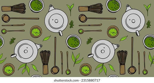 Matcha tea seamless pattern. Top view Vector organic tea matcha powder, tea leaves,  traditional cup, teapot, whisk, spoons for Japanese tea ceremony.  for menu, flyer, poster, package design. 