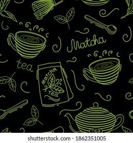 Matcha tea seamless pattern. Vector illustration.