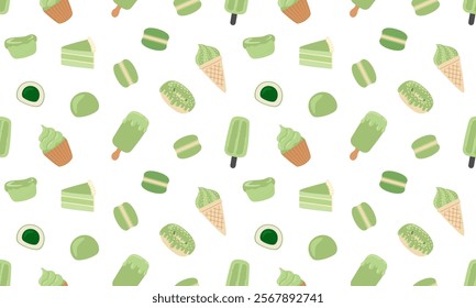 Matcha tea Seamless pattern. Vegan organic desserts, macarons, cake, maffin, mochi, donut, ice cream. Japanese Matcha green tea ceremony. Flat Vector illustration on white background