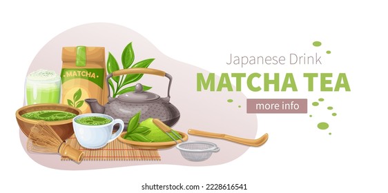 Matcha tea set, banner design template vector illustration. Cartoon Asian tea ceremony tools and elements, paper packaging, teapot and plate with green powder, cup of Japanese drink on bamboo mat