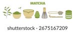 Matcha tea set with bowl, whisk, scoop, and powder. Matcha ceremony tools. Vector flat illustration of tea preparation. 