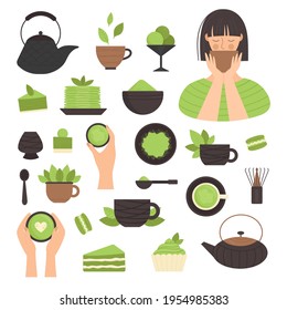 Matcha-Tee, Set von Elementen. Japanische traditionelle Teezeremonie. Grüner Tee, gesundes Essen, Desserts, Tassen, Teekocher. Illustration im Flachstil