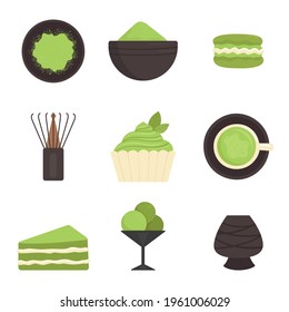 Té Matcha, conjunto de elementos. Ceremonia japonesa tradicional de té. Té verde, comida saludable, postres, tazas, tetera. Ilustración de estilo plano