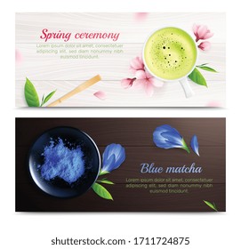 Juego de banderas horizontales con flores realistas y hojas con imágenes de taza e ilustración vectorial de texto
