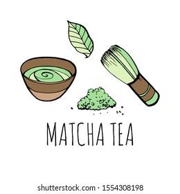Matcha tea set. Objects isolated. Vector hand drawn illustration.