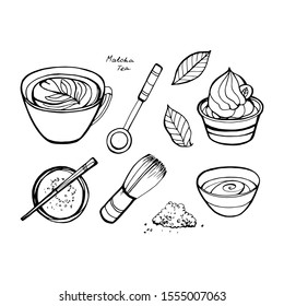 Matcha tea set. Objects isolated. Vector hand drawn illustration.