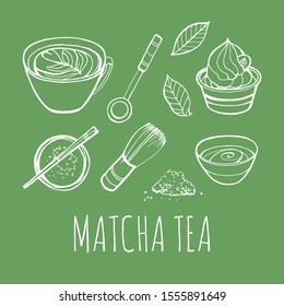 Matcha tea set. Objects isolated. Vector hand drawn illustration.