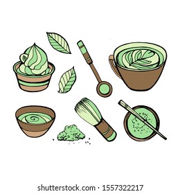 Matcha tea set. Objects isolated. Vector hand drawn illustration.