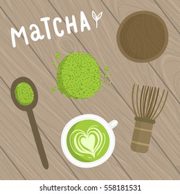 Matcha tea set on the wooden background. Vector hand drawn illustration.