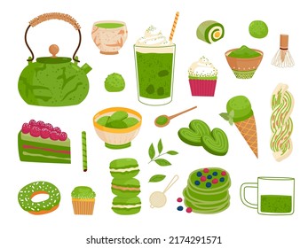 Matcha tea set. Oriental biscuits, japanese macarons and warm latte. Plant ingredients desserts, green beverages and drinks. Asian classy vector set