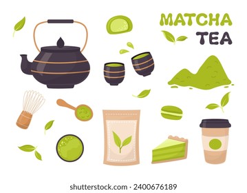 Matcha tea. Set of tea matcha powder, teapot, tea leaves, whisk, spoon, traditional cup and matcha dessert in flat style. Tools for Japanese matcha tea ceremony. Vector illustration