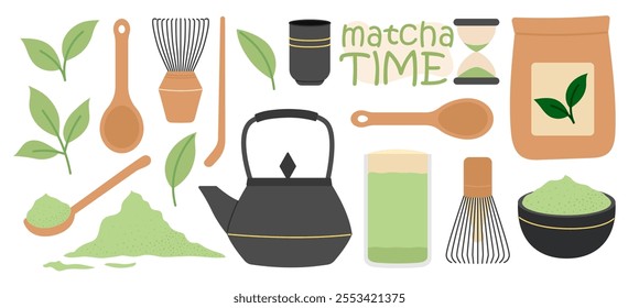 Matcha tea. Set of tools for Japanese Matcha green tea ceremony, organic tea matcha powder, tea leaves, teapot, spoon, traditional cup, whisk. Flat Vector illustration isolated on white background