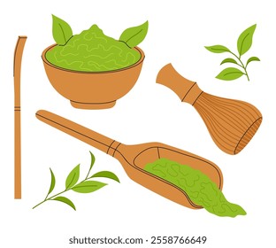 Matcha tea. Set of tools for making matcha powder. Asian culture collection. Flat illustration of beverage ingredient.