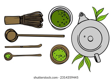 Matcha tea set. Top view Vector collection of organic tea matcha powder, tea leaves,  traditional cup, teapot, whisk, spoons for Japanese tea ceremony.  for menu, flyer, poster design. Isolated.