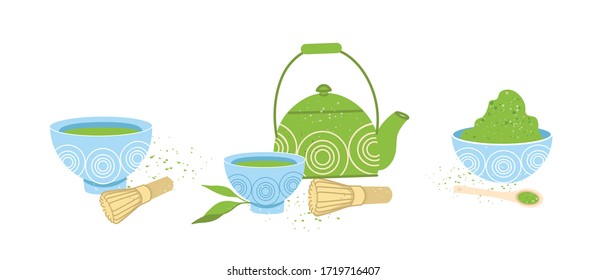 Matcha tea set vector illustration. Collection objects isolated on white.