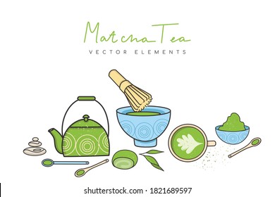 Ilustración vectorial del set de té Matcha. Objetos de colección aislados en blanco.