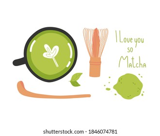 Matcha tea set vector illustration. Collection objects isolated on white. Hand drawing of matcha green tea preparation accessories. Colored trendy illustration