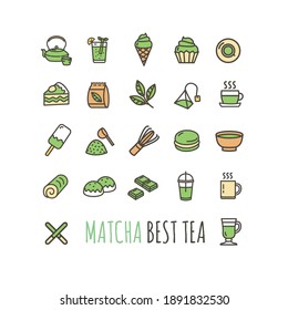 Color de la señal de té Matcha Color de la línea delgada Juego de iconos incluye el pastel, la tetera, el mochi y la taza. Iconos vectoriales