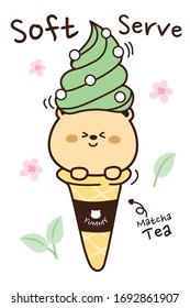 Té Matcha suave servido en la cabeza lindo oso mano dibujado. Helado de sabor a té verde sobre fondo de cono. Estilo de doodle de caricatura. Se puede utilizar para tarjeta, menú, pantalones T. Vector.  Ilustración. 