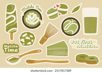 Matcha tea sticker. Cartoon green tea latte with powder and leaves, traditional japanese matcha drink with bamboo tools. Vector organic herbal beverage set.