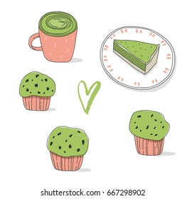 Matcha tea. Sweet muffins and cupcake