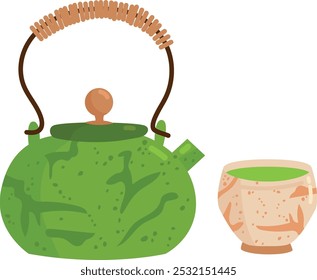 Matcha tea. Tasty aroma hot drink cup and teapot