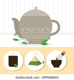 matcha tea and teapot icon set