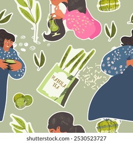 Matcha tea, time, background, pattern, design, seamless, wallpaper, fabric, background, endless, wrapping. Vector hand drawn illustration.