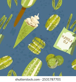 Matcha tea, time, background, pattern, design, seamless, wallpaper, fabric, background, endless, wrapping. Vector hand drawn illustration.