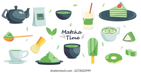 Matcha tea. Traditional asian green leaf beverage, mochi organic natural herbal ingredients for tea ceremony cartoon flat style. Vector isolated set of tea matcha traditional illustration