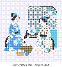 chá matcha, duas roupas femininas tradicional em vestido beber chá, mosaico vetor ilustração fundo