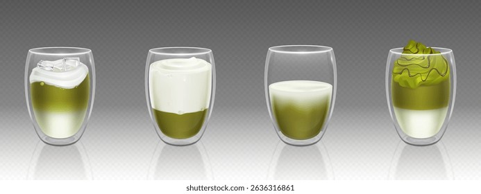 Matcha tea variations in double wall glass cups - green powder drink with milk foam, traditional Japanese beverage, cafe latte style presentation, healthy antioxidant nutrition for wellness lifestyle.