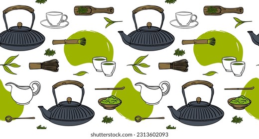 Matcha tea Vector doodle seamless pattern. Matcha tea powder, leaves,   teapot, traditional cup, whisk, tools for Japanese ceremony. Green tea ceremony. Texture, pattern for package design