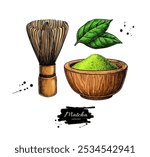 Matcha tea vector drawing. Bowl with matcha powder, green tea leaves, and bamboo whisk sketch. Hand-drawn Asian drink elements 