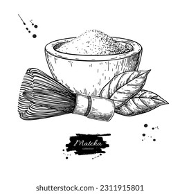 Matcha tea vector drawing. Bowl with matcha powder, green tea leaves, and bamboo whisk sketch. Hand-drawn Asian drink elements in a vintage style