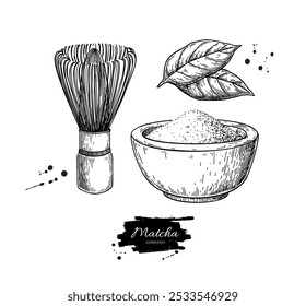 Matcha tea vector drawing. Bowl with matcha powder, green tea leaves, and bamboo whisk sketch. Hand-drawn Asian drink elements in a vintage style