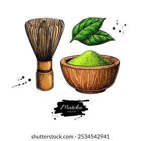 Matcha tea vector drawing. Bowl with matcha powder, green tea leaves, and bamboo whisk sketch. Hand-drawn Asian drink elements 