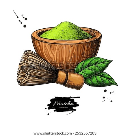 Matcha tea vector drawing. Bowl with matcha powder, green tea leaves, and bamboo whisk sketch. Hand-drawn Asian drink elements 