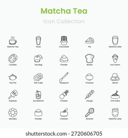 Iconos del vector del té de Matcha fijados con el batidor de los tazones de té y los Elementos del polvo