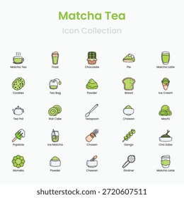 Matcha tea vector icons set with tea bowls whisk and powder