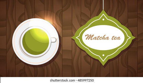 Matcha tea. Vector illustration. Cartoon isolated. Design for brochures, leaflets, website. Cup on wooden texture