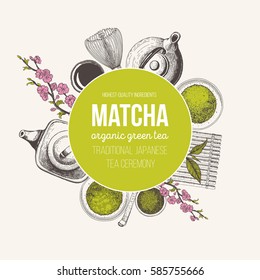 Ilustración vectorial de té mate. Ceremonia de tradiciones japonesas de té. Elementos antiguos para el diseño. Gráfico lineal