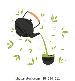 Matcha tea vector illustration. Tea is poured from a teapot into a traditional cup.Collection objects isolated on white with leaves on a background. Hand drawing illustration of matcha green tea. 