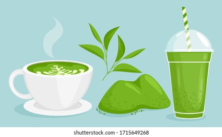 Matcha tea vector illustration set. Cartoon flat green powder and leaf, delicious bubble tea, hot teacup of matcha latte from Asia. Asian antioxidant product, elements of drink culture isolated icons