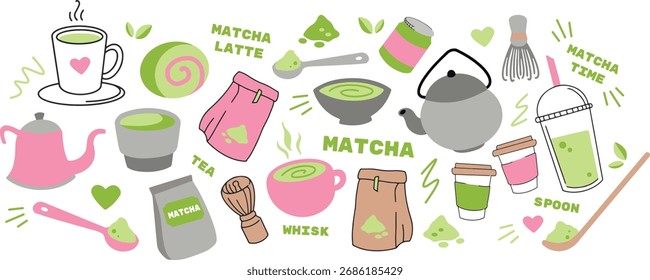 Ilustración vectorial de té Matcha. Polvo tradicional japonés del té verde para el menú de la cafetería, los carteles y el diseño de empaquetado.  Vector lindo de la taza de té verde para la cafetería, los carteles y el concepto del bienestar.