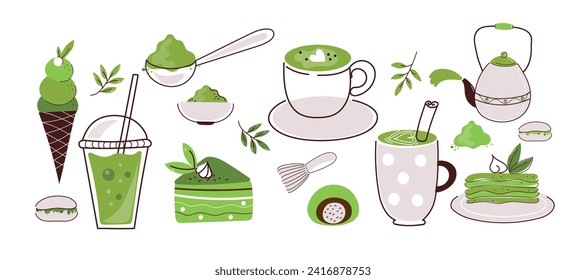 Matcha tea vector set. Japanese ceremony tools preparation accessories set of matcha powder bowl, wooden spoon and whisk, green tea leaf. Vector doodle flat illustration.