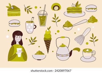 Matcha tea vector set. Japanese ceremony tools preparation accessories set of matcha powder bowl, wooden spoon and whisk, green tea leaf. Vector doodle flat illustration.