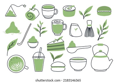 Matcha tea. Vector set of organic tea matcha powder, tea leaves, teapot, macarons, spoon, traditional cup, whisk, tools for Japanese ceremony. Matcha green tea ceremony. Doodle style.