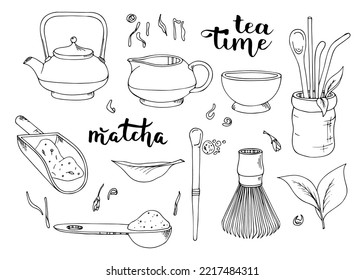 Matcha tea. Vector set of organic tea matcha powder, tea leaves, teapot, macarons, spoon, traditional cup, whisk, tools for Japanese ceremony. Doodle style illustration